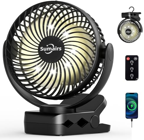 Sumairs 10000mAh Akku Camping Ventilator,14cm mit Lampe,9-55 Std.Laufzeit,Ultra-Leise,Klemmen,Fernbedienung,Powerbank,Haken,Tragbarer USB Tischventilator für Outdoor,Zelt,Reise,Büro,wohnmobil,Growzelt