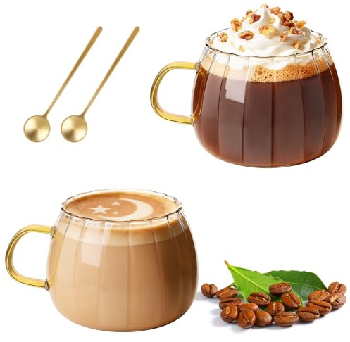 LOOFORE Glass Coffee Mugs 460ml Set of 2, 15 oz Pumpkin Shaped Latte Glasses with Handle and Spoon, Clear Ribbed Glass Tea Cup for Cappuccino, Macchiato, Tea, Milk, Juice, Cold & Hot Beverages
