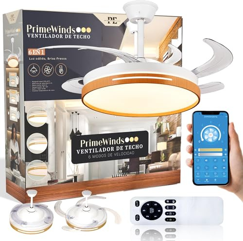 PRIME ESSENTIALS® Ventilador de techo 6 en 1 Madera con Luz LED Ajustable 50CM con mando+APP I Ventilador Ultrasilencionso Motor DC + Lampara 66W I 2900 LM I Para techo, salón y dormitorio.