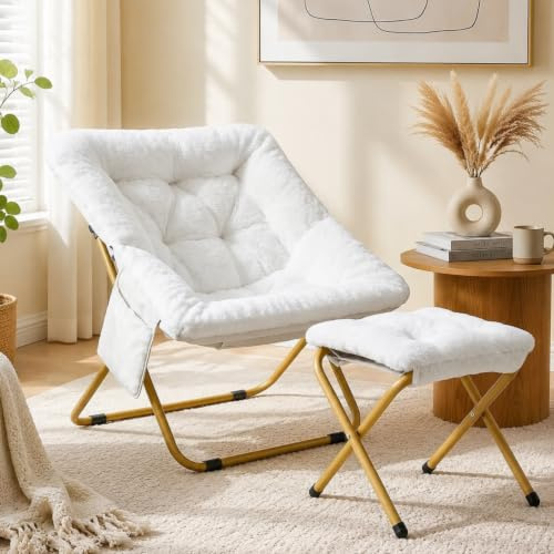 Clevich Poltrona relax con sgabello, 72 x 76 x 78 cm, pieghevole Lazy Chair in peluche, con tasca laterale e robusta struttura in metallo per angolo lettura, appartamento, soggiorno, camera da letto