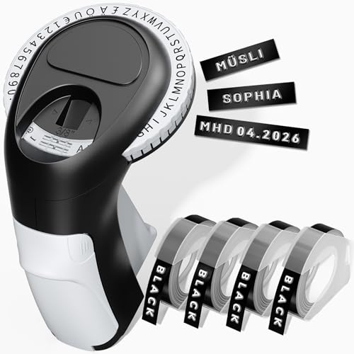 VolenGo Dispositivo de etiquetado para repujar, máquina de etiquetado Omega-S con 4 banderas de etiquetas, máquina de estampado retro, para uso doméstico y proyectos de manualidades, color negro