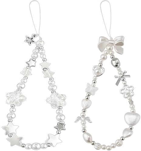 PENGCHE 2er Set Handykette Kurz mit Verstärktem Patch, Perlen Handyanhänger Stern & Engel Design, Reißfestes Handyband Handschlaufe, Universal Phone Charm für Handyhüllen, Weiß und Rosa