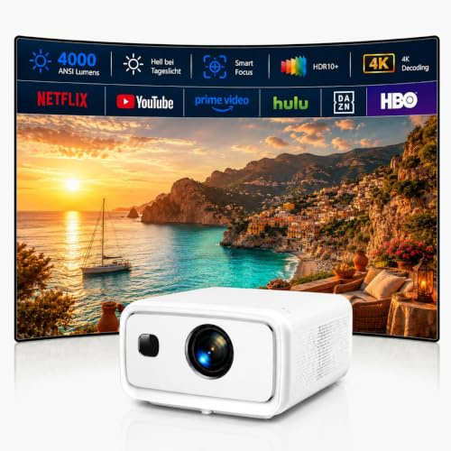 Premium Beamer 4000 ANSI Lumen, Projektor 4K Support Full HD 1080P, Android 15 Smart Beamer mit 3GB+128GB, Auto Fokus, Auto Keystone, HDR10+, Game Mode, HDMI/USB/RJ45, Heimkino