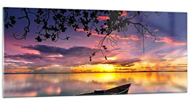 Deco Salon Bateau Coucher de soleil Lac Ciel Moderne Impression sur Verre 120x50cm Image Tableau en Verre Decoration Murale Chambre Panoramique Art Grand Tableaux Decoratifs Muraux GAB120x50-2967