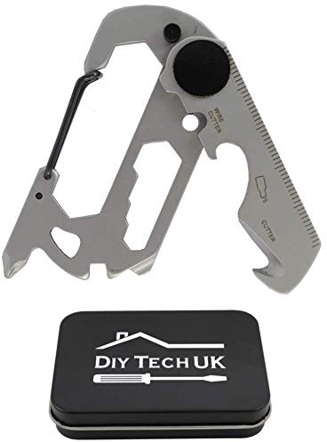 DIY TECH UK - 12 in 1 Pocket Multi Tool - Mini Multitool with Screwdrivers | Carabiner Keyring - Just 73mm - Bottle Opener, Wrench, Wire and Safety Belt Cutter, Ruler, Spanners - With Gift Tin