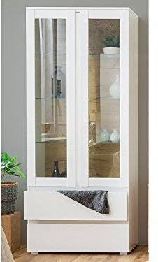 möbelando Vitrine Beistellschrank Holzvitrine Standvitrine Vitrinenschrank Ravenna I Weiß matt