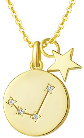 Sternzeichen Kette aus Solide 925 Sterling Silber mit Gold Vergoldet 15mm Durchmesser Anhänger Halskette Einfach Minimalistisch Geschenk Schmuck für Damen Mädchen - Verstellbar Kettenlänge: 40 + 5 cm