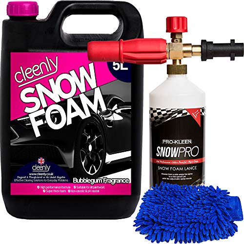 Cleenly Bubblegum Snow Foam with Karcher Compatible Snow Foam Lance & Microfibre Wash Mitt - Non Caustic & pH Neutral Car Cleaning Pre Wash Shampoo - 5 Litres
