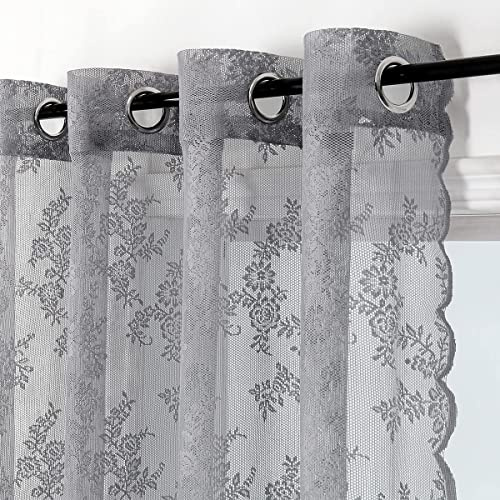 Lotusolution Cortinas de Encaje Floral para Dormitorio – Elegantes – Gris – Bordados – Ligeras – Ojales en la Parte Superior – Tul – para Oficina – 139,7 cm de Ancho x 304,8 cm de Largo – 2 Paneles