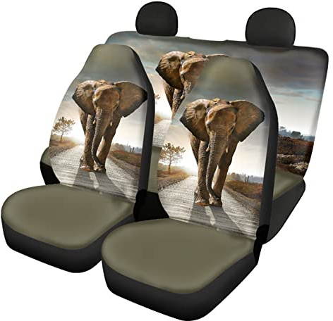 Dolyues Brauner 3D-Elefant-Druck Autositzbezüge Komplettset Universal Passend für LKW SUV Auto, Vorder- und Rückenlehnen-Schutzbezüge