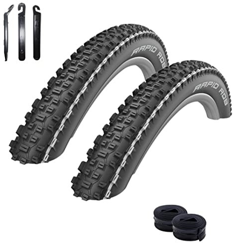 2 x Schwalbe Rapid Rob weißer Streifen 57-584 (27,5 x 2.25) + 2 Schwalbe Schläuche AV19 Inkl. Reifenheber