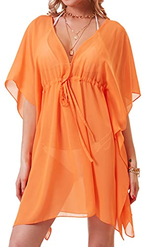 soul young Robe de Plage Femme ete Cache-maillot kimono Maillot pour Bikini(Taille unique,Orange)