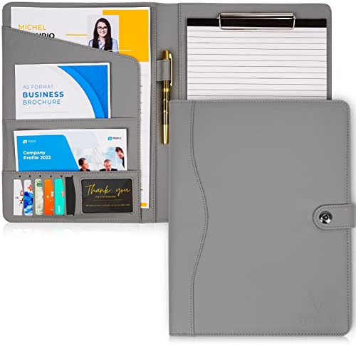 AMKSONS Schreibmappe A4 in Grau inklusive Klemmbrett & DIN A4 Notizblock - Premium Konferenzmappe aus PU-Leder mit Dokumentenfächern, Stiftehalter, Klappdeckel und Magnetverschluss