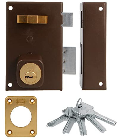 Amig - Serratura a Sovrapposizione a Destra con Leva di Chiusura - Linguetta e Maniglia per Porte in Legno - Mod. 75, 72 x 112 mm - Cilindro rotondo di sicurezza - Acciaio Marrone