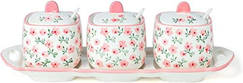 Pot en céramique, sucrier à motif dessiné à la main avec couvercle, pot à sucre en forme de tasse à thé en céramique, accessoires de café, bec verseur à sucre, pots d'assaisonnement Red-one (Color : R