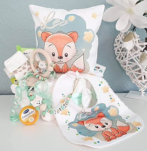 Windeltorte mit Name - Kuschelkissen Fuchs I Schnullerkette I Geschenk, Babyparty, Geburt oder Taufe + gratis Grußkärtchen