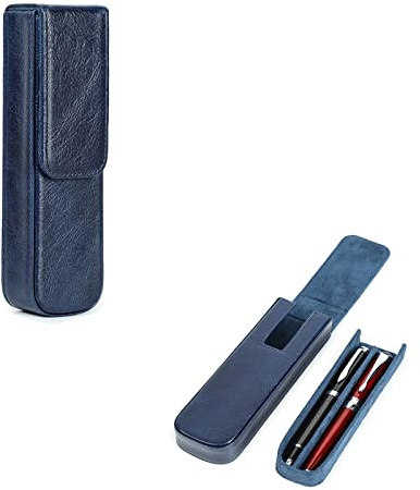 Hiram Federmäppchen, pflanzlich gegerbtes Leder, Aufbewahrungsbox für Füllfederhalter mit verstecktem Magnetverschluss, blau, For 2 Pens, Modern
