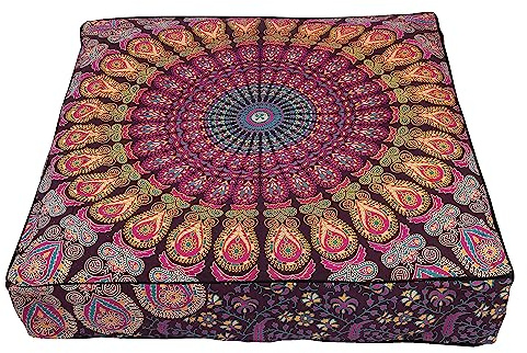 35 Mandala Large Floor Pillow Cover Meditation Cushion Seating Throw Hippie Square Colourful Decorative Bohemian Accent Boho Chic dog bed Indian Pouf Ottoman Handmade COVER ONLY (Peacock Purple)