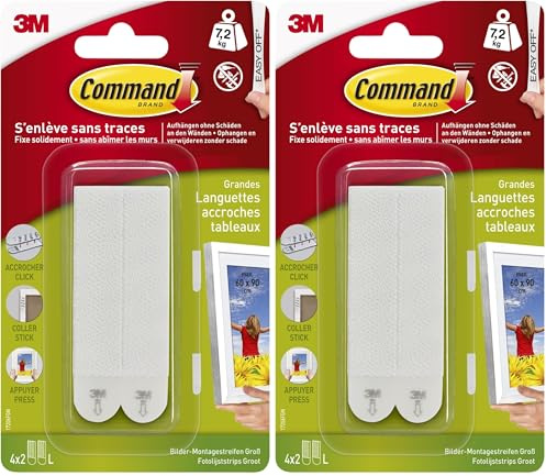 Command Bandes de Suspension pour Grandes Photos, Pack de 4x2 Bandes Adhésives, Blanc - Fixation sans Dommage - Pour Posters, Cadres et Miroirs (Lot de 2)