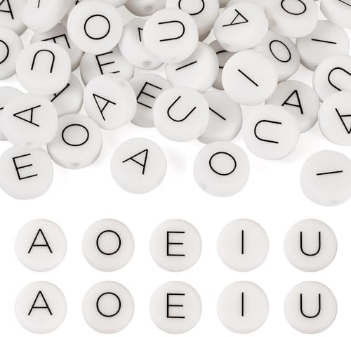 Bestewelry 50 Stück Buchstaben-Silikonperlen A E I O U Vokal Buchstabenperlen flach rund Alphabet Gummiperlen für DIY Handwerk Armband Schmuckherstellung
