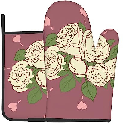 YYHHAOFA Ensemble de gants de cuisine et maniques Motif rose d'amour : épais et durable, anti-brûlure et isolant thermique