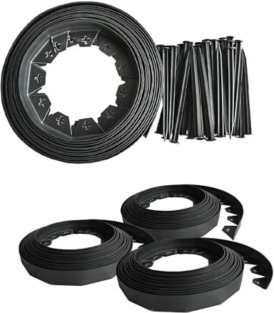 KCT Black 30 Metre Flexible Plastic Lawn Edging Garden Grass Border with 120 Ground Securing Pegs - 3.7cm High Pathway Edge
