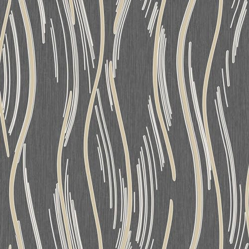 World of Wallpaper Papier peint élégant chatoyant – Papier peint à rayures légèrement texturé – Papier peint moderne pour salon, chambre à coucher, couloir – Noir/doré AF0023
