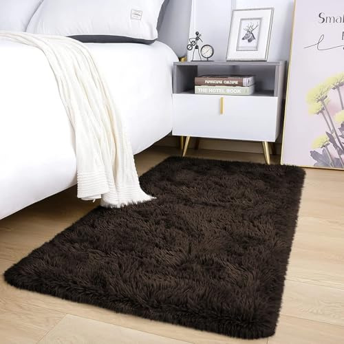AMEHA Alfombra marrón mullida antideslizante para sala de estar o dormitorio, moderna, supersuave, de pelo grueso, que no se desprende, fácil de limpiar, 60 x 110 cm