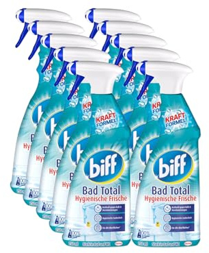 Biff Bad Total Hygienische Frische Badreiniger (10x 750 ml), Bad Reiniger gegen Kalk & Schmutz, Sprühflasche, Kalkentferner für alle Oberflächen und hygienische Sauberkeit im ganzen Bad