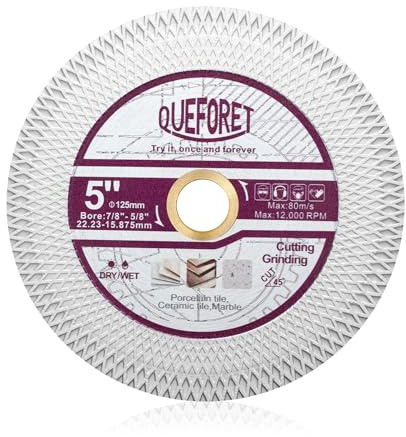 QUEFORET Diamantscheibe und Schleifscheibe 125mm - Trennscheibe für Schneiden und Polieren von Fliesen Keramik Porzellan Marmor Kunststein, mit Unterlegscheibe, X Masche
