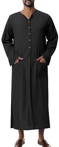 Anstecknadel-gestreifter Anzug für Herren, muslimisches Arabien, lässig, langärmelig, Tasche, lockerer Robe, Hemd, muslimischer Mantel, Herrenanzug, Schwarz , XL