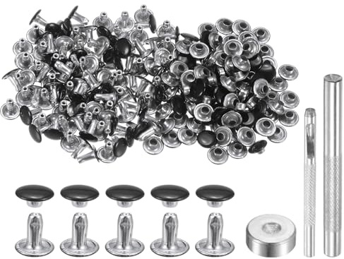 QUARKZMAN 100 Sets 8mm x 8mm Leder Nieten, Metall Doppelkappe Nieten Tubular Runde Druckknöpfe mit 3 Stück Werkzeugen für Handwerk Reparatur Dekoration Gürtel Kleidung (Brillantschwarz)