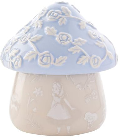 Disney Alice au pays des merveilles Boîte à bijoux en céramique bleu/beige en forme de champignon Produit sous licence officielle Chapelier fou, Tweedle Dum & Dee, lapin blanc, reine des cœurs et