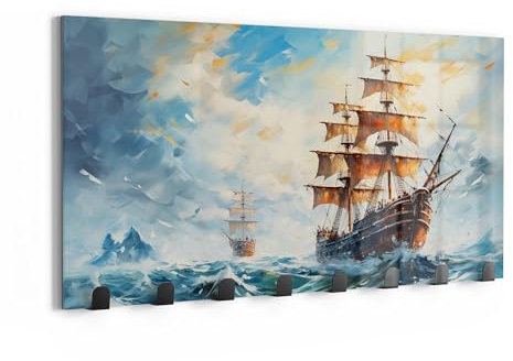 DEQORI Wandgarderobe Glas & Metall | Motiv Stürmische See | 60x30 cm | Design Haken-Leiste modern | Garderoben-Paneel für Flur, Wohnzimmer & Schlafzimmer | magnetisch & beschreibbar