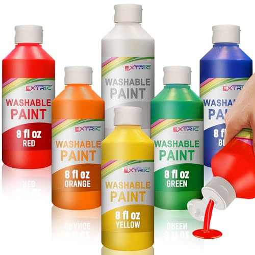 EXTRIC Washable Paint for Kids - 6 Bold Colors x 8 oz Bottles (48 fl oz Total) Non-Toxic Easy Clean Tempera Kid Paint Rich Pigment Paints for Toddlers, Classroom & Arts and Crafts