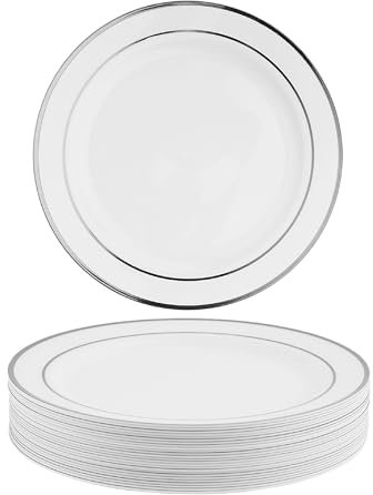 Matana - 25 Piatti da Dessert in Plastica Bianca Premium con Bordo Argentato, 19cm - Eleganti, Resistenti e Riutilizzabili - Piattini per Matrimoni, Compleanni, Natale, Barbecue, Feste