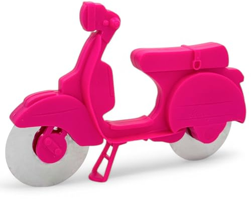 MIJOMA Pizza Schneider Motorroller – Trendiger Pizzaroller im Scooter-Design, Edelstahl Pizzarad, Pizzaschneider mit Ständer, spülmaschinenfest (1, Pink)