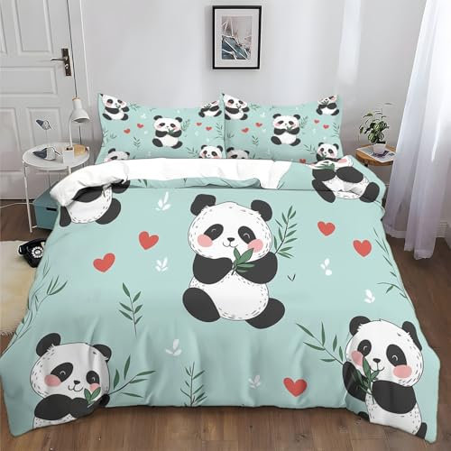 Generico Bedding Set Copripiumino 220x230cm 3D Stampa Panda Del Fumetto Con Cuore Rosso Morbida Microfibra Ipoallergenico Biancheria da Letto Set 3 Pezzi con Chiusura a Cerniera e 2 federe Cuscino