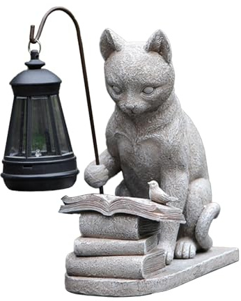 SUNFECILI Statue de Jardin Figurine de Chat Solaire avec Lanterne, Cour à la Cour Extérieure Lumières Solaires Lisant les Ornements de Chat Lanterne, Décorations de Jardin Solaires Statues