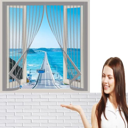 Insektenschutz Magnetvorhang 105 x 113 cm Stärkere Magneten Fliegenschutzgitter für Fenster Ohne Bohren Schützen Die Familie vor Insekten, Grau