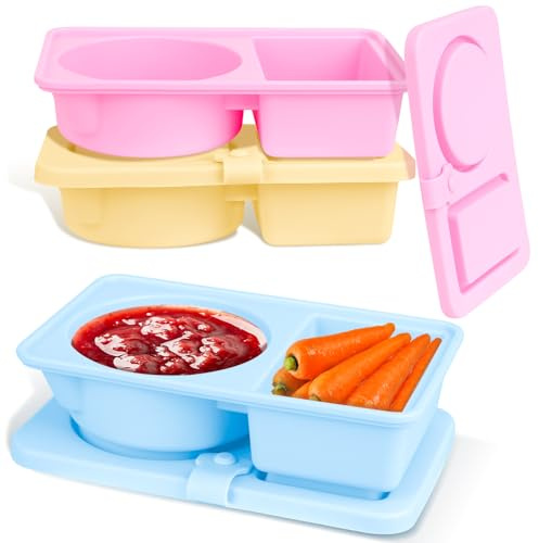 Confezione da 3 contenitori riutilizzabili in silicone per snack con coperchio, a doppio scomparto, contenitori per condimenti per insalata, salse, condimenti, piccoli contenitori per alimenti, snack