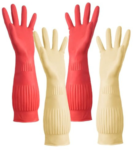 PERSELOSO 2 Paare Küchenhandschuhe Rutschfeste Wiederverwendbare Reinigungs und Geschirrspülhandschuhe für Haushalt und Küche Beige Rot Schmutz und Ölbeständig