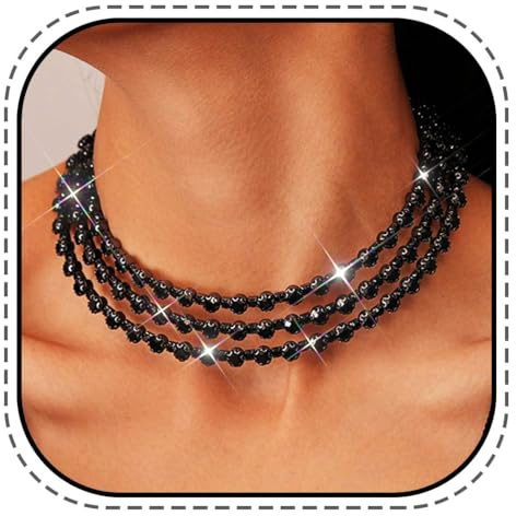 Evlry Mehrreihige Choker Halskette mit Strass – funkelnder eleganter Party und Abschlussball Schmuck für Damen (Schwarz)