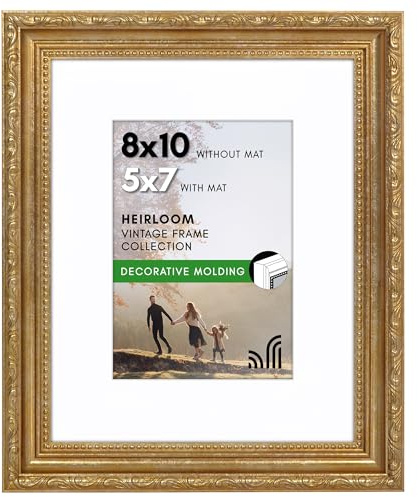 Americanflat 8x10 Picture Frame with Shatter-Resistant Glass - Use as 5x7 Frame with Mat or Display 8x10 Photo Without Mat - Ornate Picture Frames for Wall and Tabletop Display - Gold