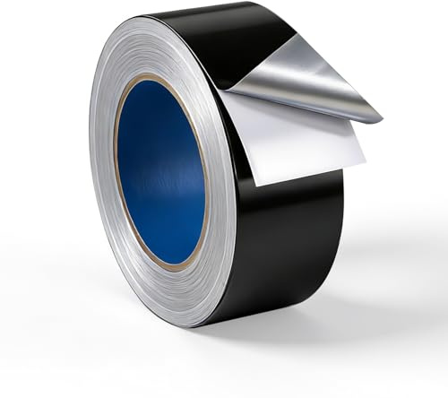 EXLECO Svart aluminiumtejp 50 mm x 50 m, tjocklek 0,07 mm – självhäftande med skyddspapper, värmeisolerande och vattentät, värmeisolerande tejp och kanaltätningsmedel, ångspärr