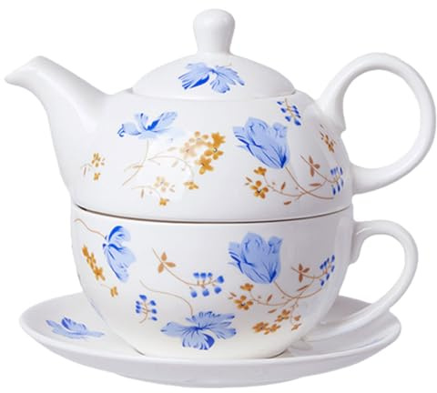 Veemoon Ensemble de Théière en Céramique Bleue avec Tasse Anglaise Orchidée Service à Thé de Kung-Fu Chinois 1 Personne Bouilloire Résistante à la Chaleur pour Maison et Bureau Kit