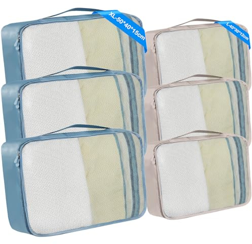 BAGBUTY 3 cubos grandes y 3 extragrandes – Organizador de maletas de tamaños mixtos – cubos de embalaje impermeables de colores mixtos (beige – 3L, gris – 3XL)