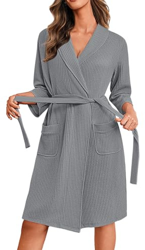 Ekouaer Morgenmantel Damen Waffelpique 3/4-Ärmeln Hausmantel | Leicht Weich Hausanzug, Kurz Kimono Robe mit Taschen, Elegant Lässig Knielang Loungewear