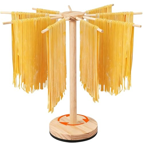 KEGAJEGA Séchoir à pâtes pliable en bois 45 cm de hauteur avec 9 niveaux amovibles 23 cm Support à pâtes portable rotatif pour spaghetti séchés, nouilles chinoises, nouilles en verre et autres pâtes