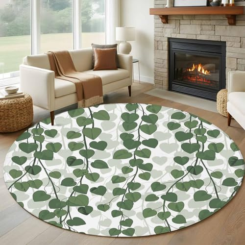Round Rug 6Ft, Spring Plants Ivy Soft Non-Slip Washable Felt Carpet Pad, Green Heartleaf Philodendron Area Rugs for Living Room Bedroom Kids Room